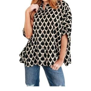 ee:some Art Deco Blouse Green White Geometric Print Button-Down Top Size S